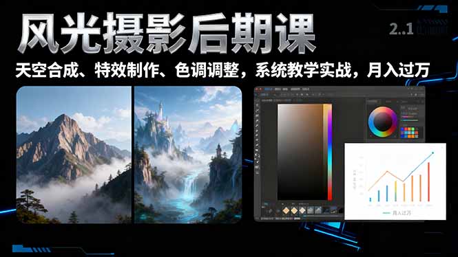 风光摄影后期课，一键换天空合成、特效制作、色调调整，月入过万创客联盟总站-闲云创业网-老谢轻创网-中创网-福缘网-冒泡网-资源之家-魔方项目库创客联盟总站