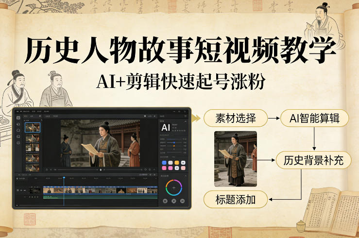 历史人物故事短视频教学，AI+剪辑制作历史人物题材短视频，快速起号涨粉创客联盟总站-闲云创业网-老谢轻创网-中创网-福缘网-冒泡网-资源之家-魔方项目库创客联盟总站