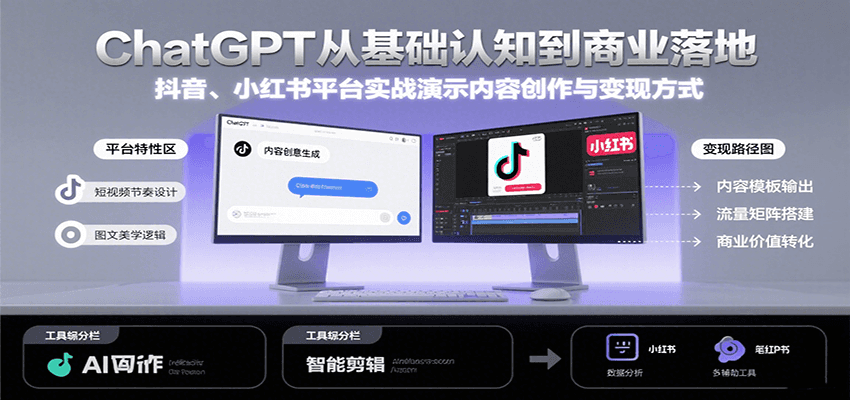 ChatGPT从基础认知到商业落地，实战演示抖音、小红书等平台的内容创作与变现创客联盟总站-闲云创业网-老谢轻创网-中创网-福缘网-冒泡网-资源之家-魔方项目库创客联盟总站