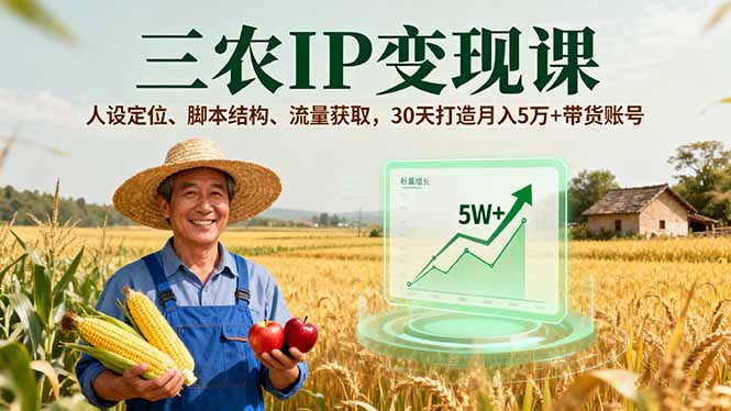 三农IP变现课，人设定位、脚本结构、流量获取，30天打造月入5万+带货账号创客联盟总站-闲云创业网-老谢轻创网-中创网-福缘网-冒泡网-资源之家-魔方项目库创客联盟总站