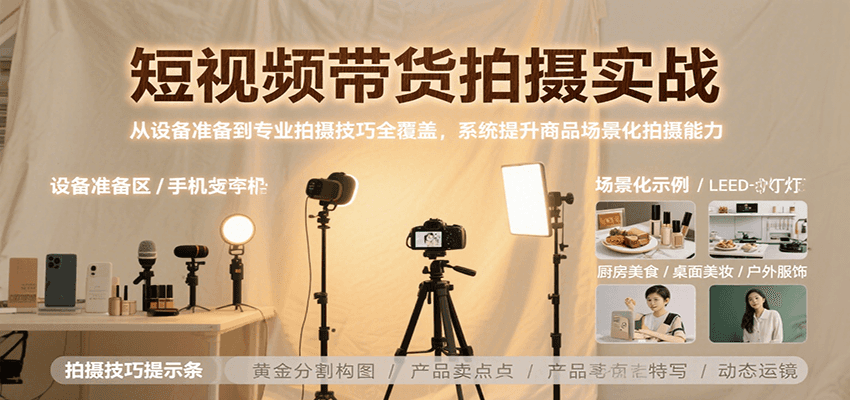 短视频带货拍摄实战，从设备准备到专业拍摄技巧全覆盖，系统提升商品场景化拍摄能力创客联盟总站-闲云创业网-老谢轻创网-中创网-福缘网-冒泡网-资源之家-魔方项目库创客联盟总站