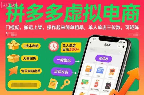 拼多多虚拟电商，门槛低，搬运上架，操作起来简单粗暴，单人单店三位数，可矩阵创客联盟总站-闲云创业网-老谢轻创网-中创网-福缘网-冒泡网-资源之家-魔方项目库创客联盟总站