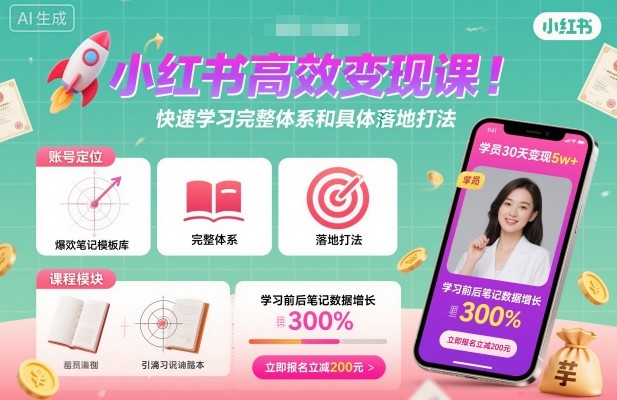 小红书高效变现课，快速学习小红书完整体系和具体落地打法创客联盟总站-闲云创业网-老谢轻创网-中创网-福缘网-冒泡网-资源之家-魔方项目库创客联盟总站