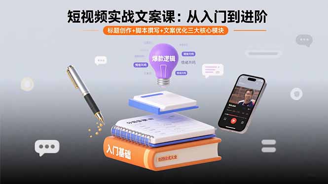 短视频实战文案课：从入门到进阶 标题创作+脚本撰写+文案优化三大核心模块创客联盟总站-闲云创业网-老谢轻创网-中创网-福缘网-冒泡网-资源之家-魔方项目库创客联盟总站