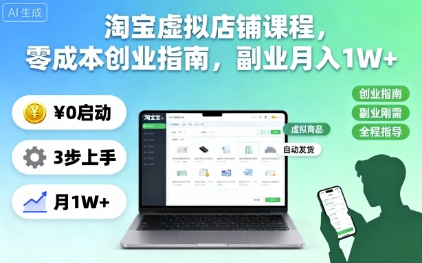 淘宝虚拟店铺课程,零成本创业指南,副业月入1W+创客联盟总站-闲云创业网-老谢轻创网-中创网-福缘网-冒泡网-资源之家-魔方项目库创客联盟总站