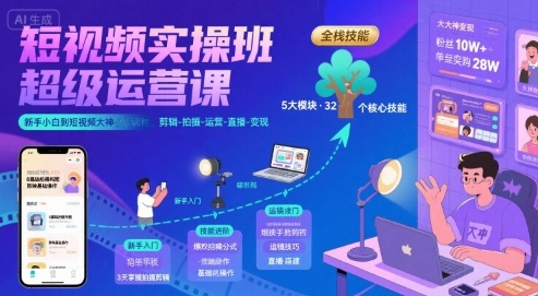 短视频实操班超级运营课，新手小白到短视频大神必修课程，剪辑-拍摄-运营-直播-变现创客联盟总站-闲云创业网-老谢轻创网-中创网-福缘网-冒泡网-资源之家-魔方项目库创客联盟总站