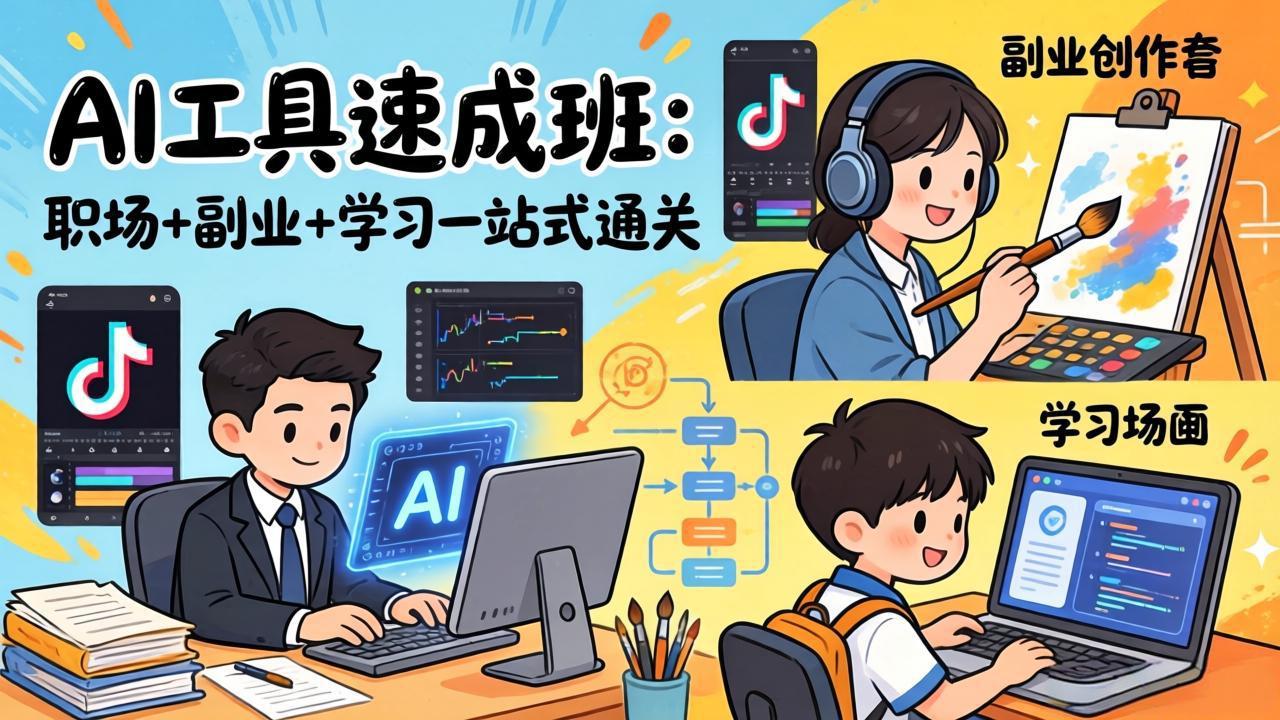 AI工具速成班：职场+副业+学习一站式通关，20+爆款类型+剪映技巧+抖音算法，0基础快速上手创客联盟总站-闲云创业网-老谢轻创网-中创网-福缘网-冒泡网-资源之家-魔方项目库创客联盟总站