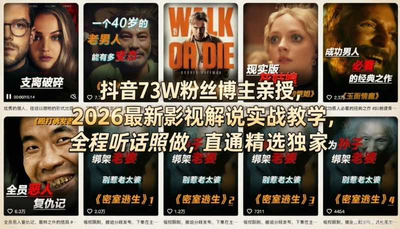 抖音73W粉丝博主亲授，2026最新影视解说实战教学，全程听话照做，直通精选独家创客联盟总站-闲云创业网-老谢轻创网-中创网-福缘网-冒泡网-资源之家-魔方项目库创客联盟总站