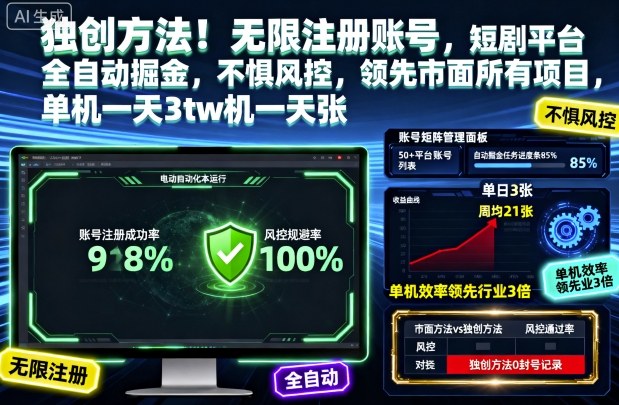 独创方法!无限注册账号,短剧平台全自动掘金,不惧风控,领先市面所有项目,单机一天3张【揭秘】创客联盟总站-闲云创业网-老谢轻创网-中创网-福缘网-冒泡网-资源之家-魔方项目库创客联盟总站