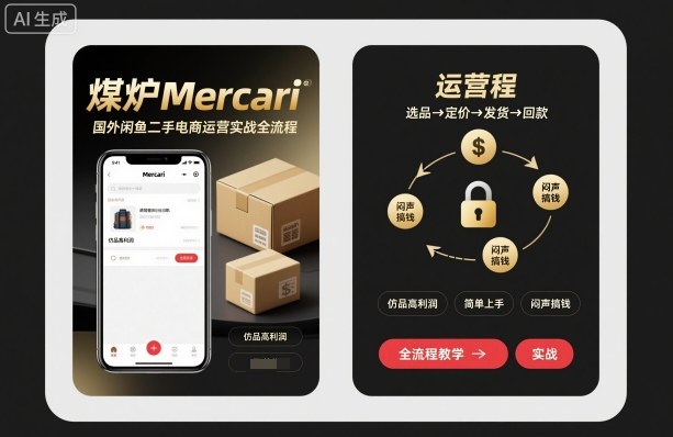 煤炉Mercari国外闲鱼二手电商运营实战全流程，仿品高利润，简单上手，闷声搞钱创客联盟总站-闲云创业网-老谢轻创网-中创网-福缘网-冒泡网-资源之家-魔方项目库创客联盟总站