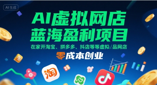 AI虚拟网店蓝海盈利项目，在家开淘宝、拼多多、抖店等虚拟品网店，零成本创业创客联盟总站-闲云创业网-老谢轻创网-中创网-福缘网-冒泡网-资源之家-魔方项目库创客联盟总站