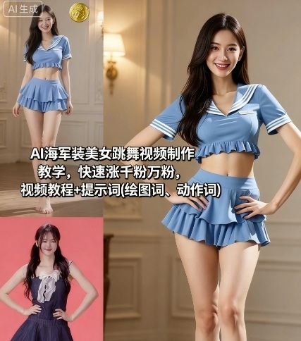 AI海军装美女跳舞视频制作教学,快速涨千粉万粉,视频教程+提示词(绘图词、动作词)