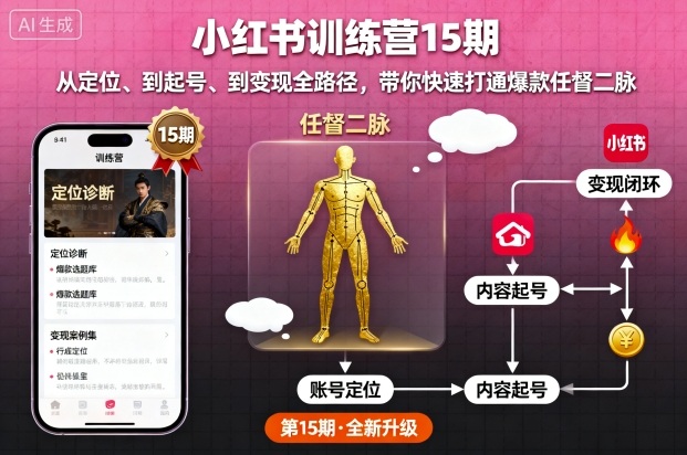 小红书训练营15期，从定位、到起号、到变现全路径，带你快速打通爆款任督二脉创客联盟总站-闲云创业网-老谢轻创网-中创网-福缘网-冒泡网-资源之家-魔方项目库创客联盟总站